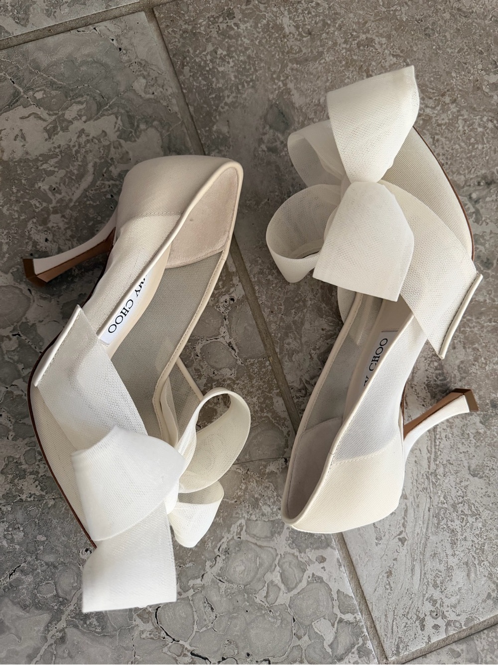 Jimmy Choo Staz 90 Mesh Bow Pointed-Toe Pumps in Ivory, Size 35, NEW w/Dust Bag